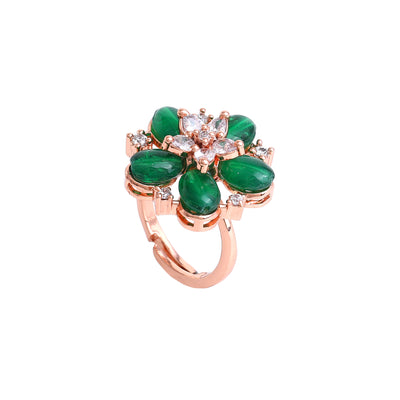 Estele Rosegold Plated Elegant Floral Motifs Adorned Green Beaded Adjustable Varya Finger Ring|Timeless Accessory for Women