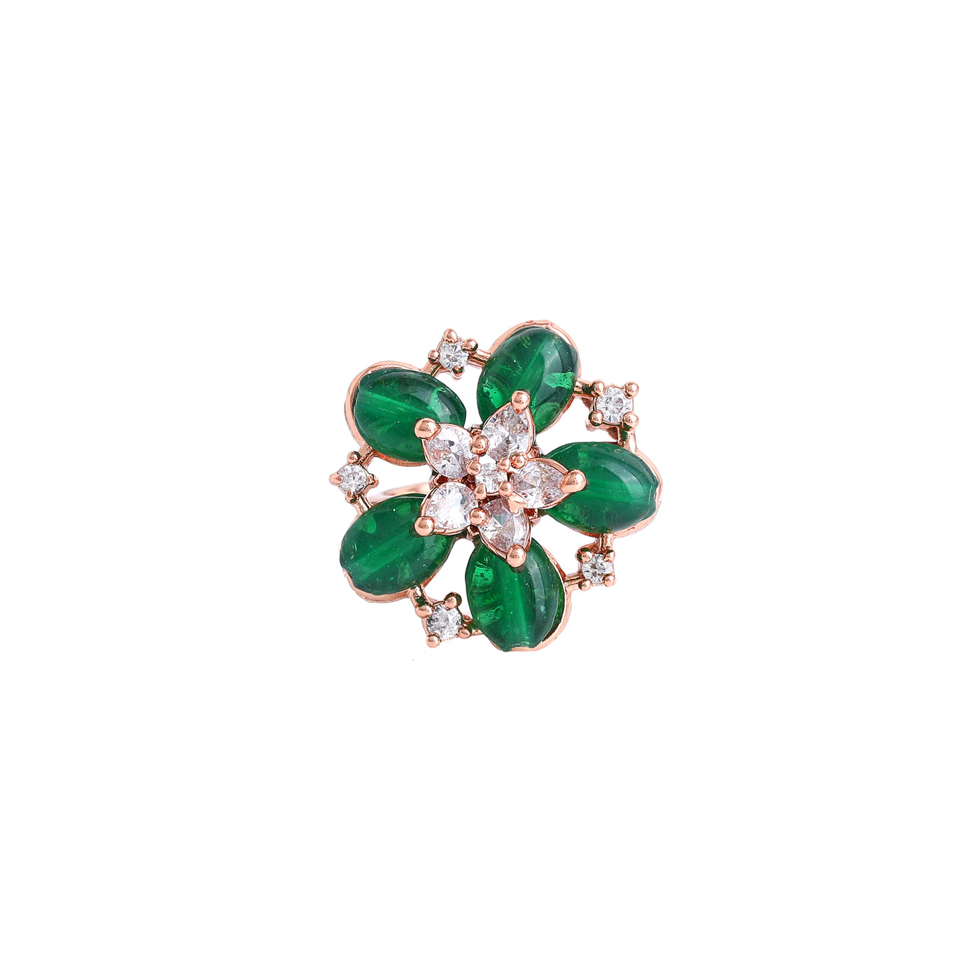 Estele Rosegold Plated Elegant Floral Motifs Adorned Green Beaded Adjustable Varya Finger Ring|Timeless Accessory for Women