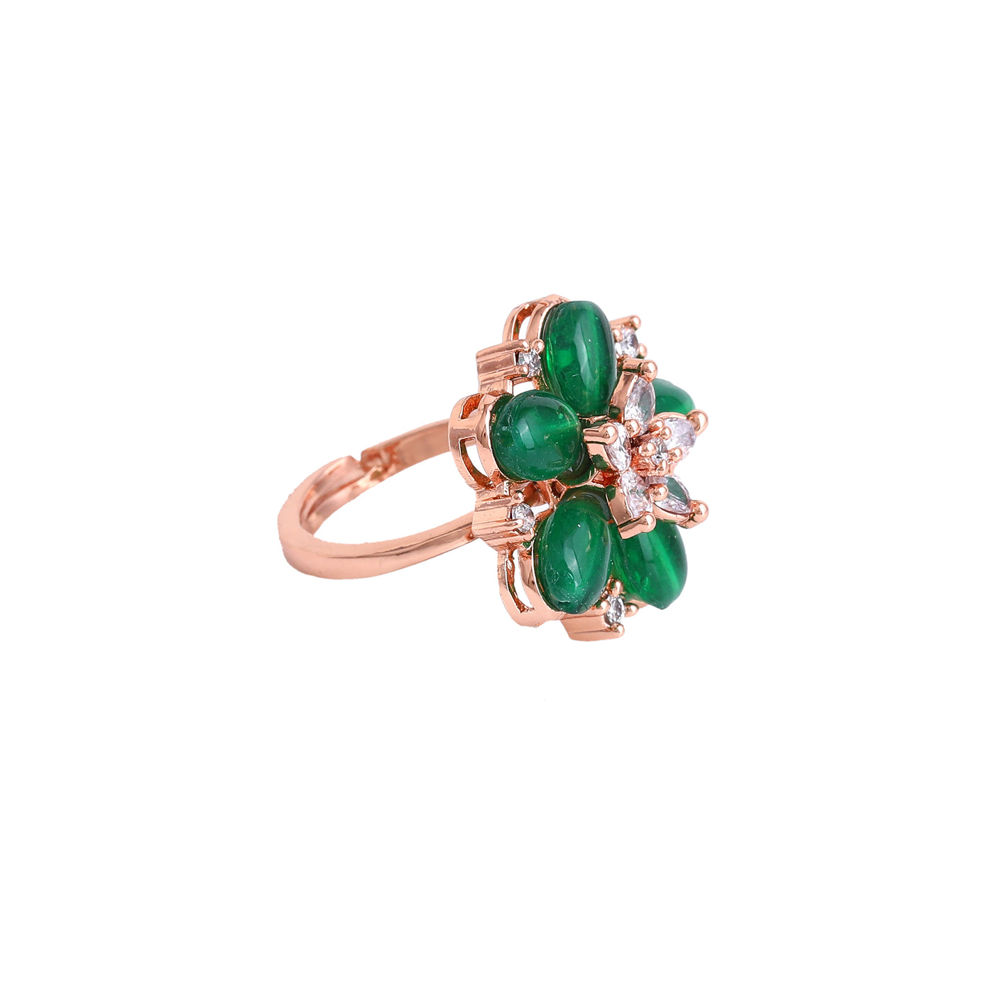 Estele Rosegold Plated Elegant Floral Motifs Adorned Green Beaded Adjustable Finger Ring|Timeless Accessory for Women