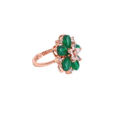 Estele Rosegold Plated Elegant Floral Motifs Adorned Green Beaded Adjustable Varya Finger Ring|Timeless Accessory for Women