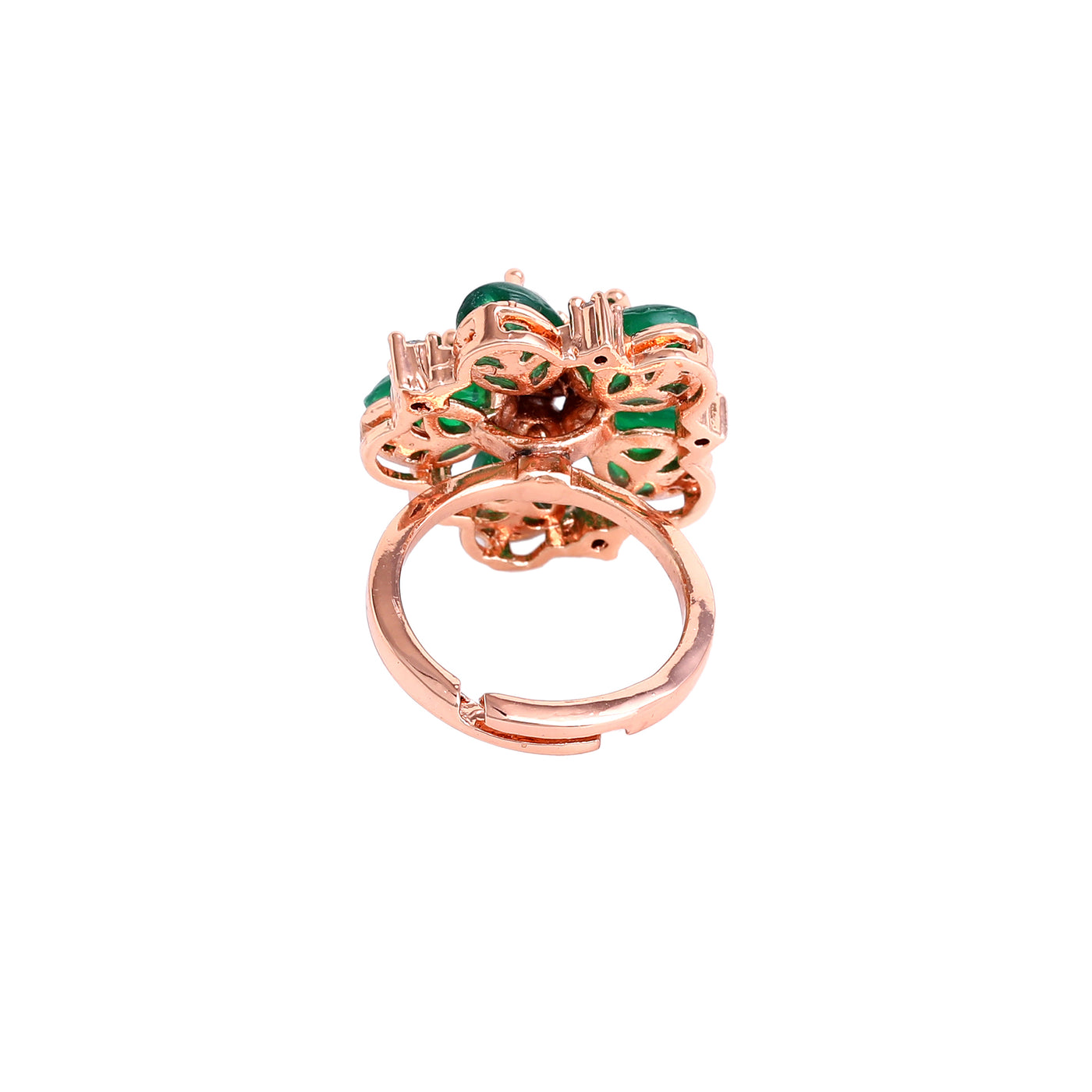 Estele Rosegold Plated Elegant Floral Motifs Adorned Green Beaded Adjustable Varya Finger Ring|Timeless Accessory for Women