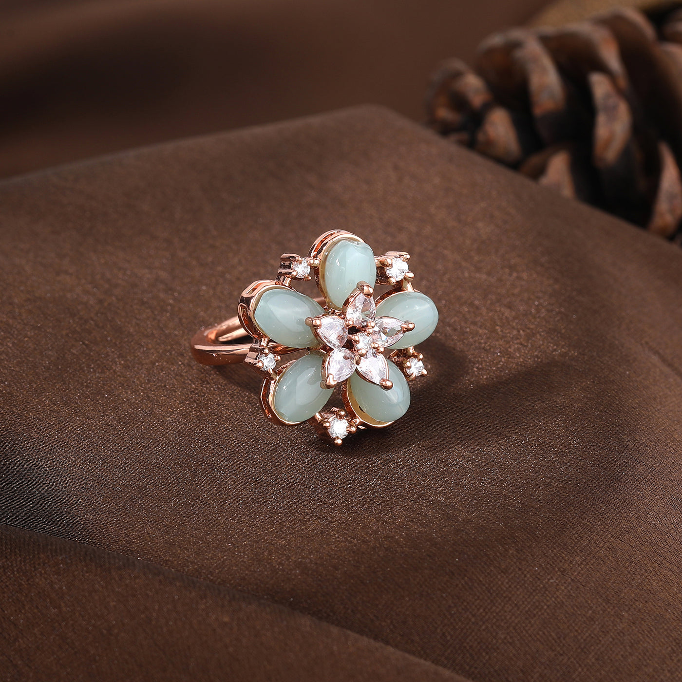 Estele Rosegold Plated Floral Motif Refined Mint Green Beaded Adjustable Varya Finger Ring |A Timeless Classic for Women