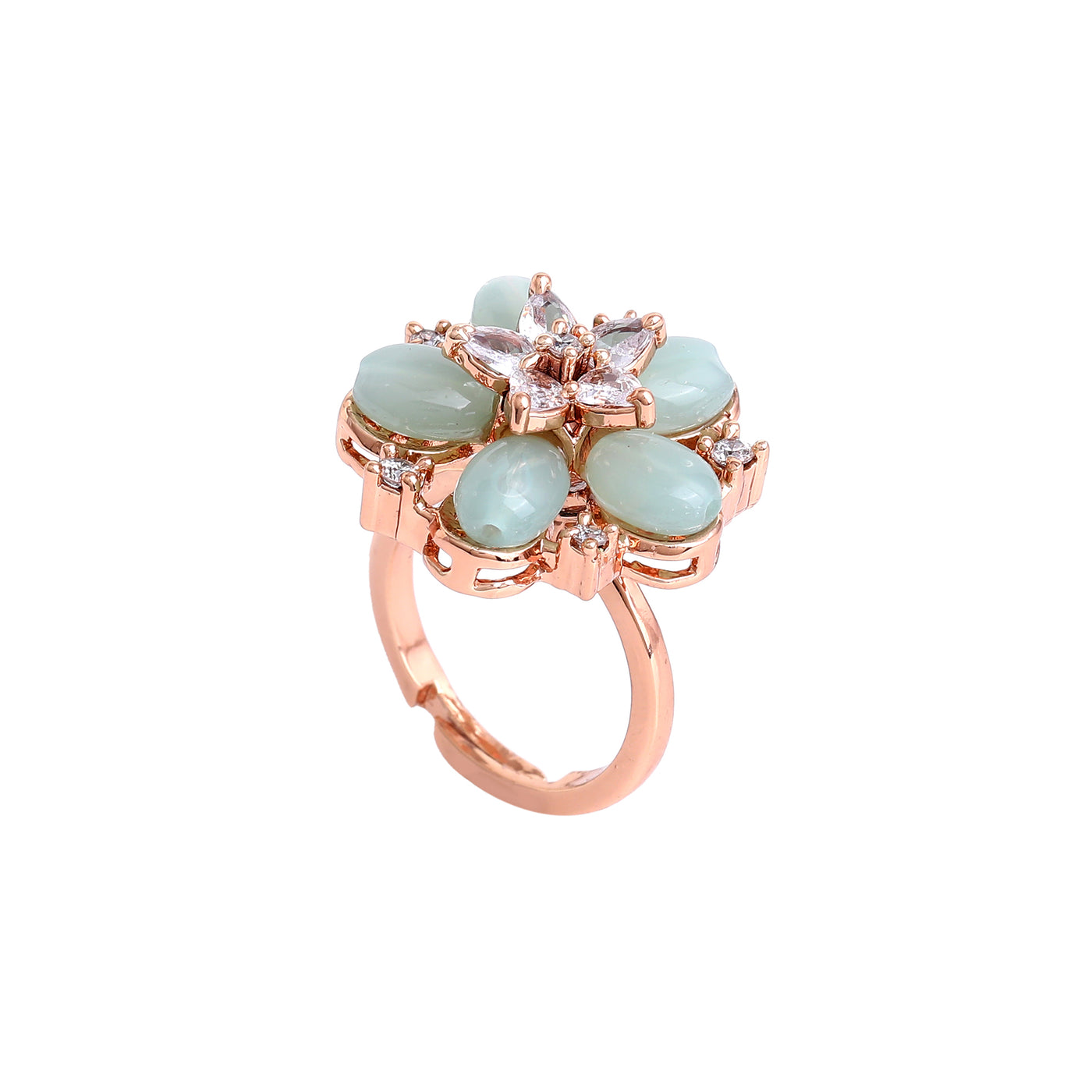 Estele Prestige Floral Radiance Exclusive Rosegold Plated Adjustable Bracelet & Finger Ring Combo with Mint Green Beads A Symbol of Grace & Luxury