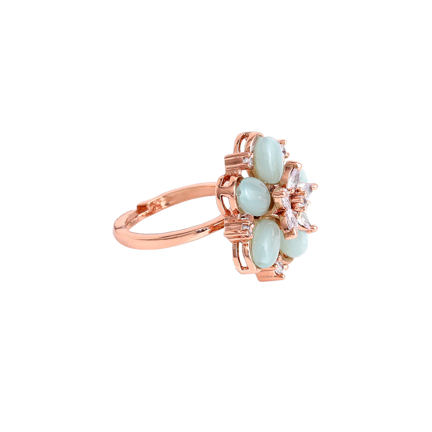 Estele Rosegold Plated Floral Motif Refined Mint Green Beaded Adjustable Varya Finger Ring |A Timeless Classic for Women