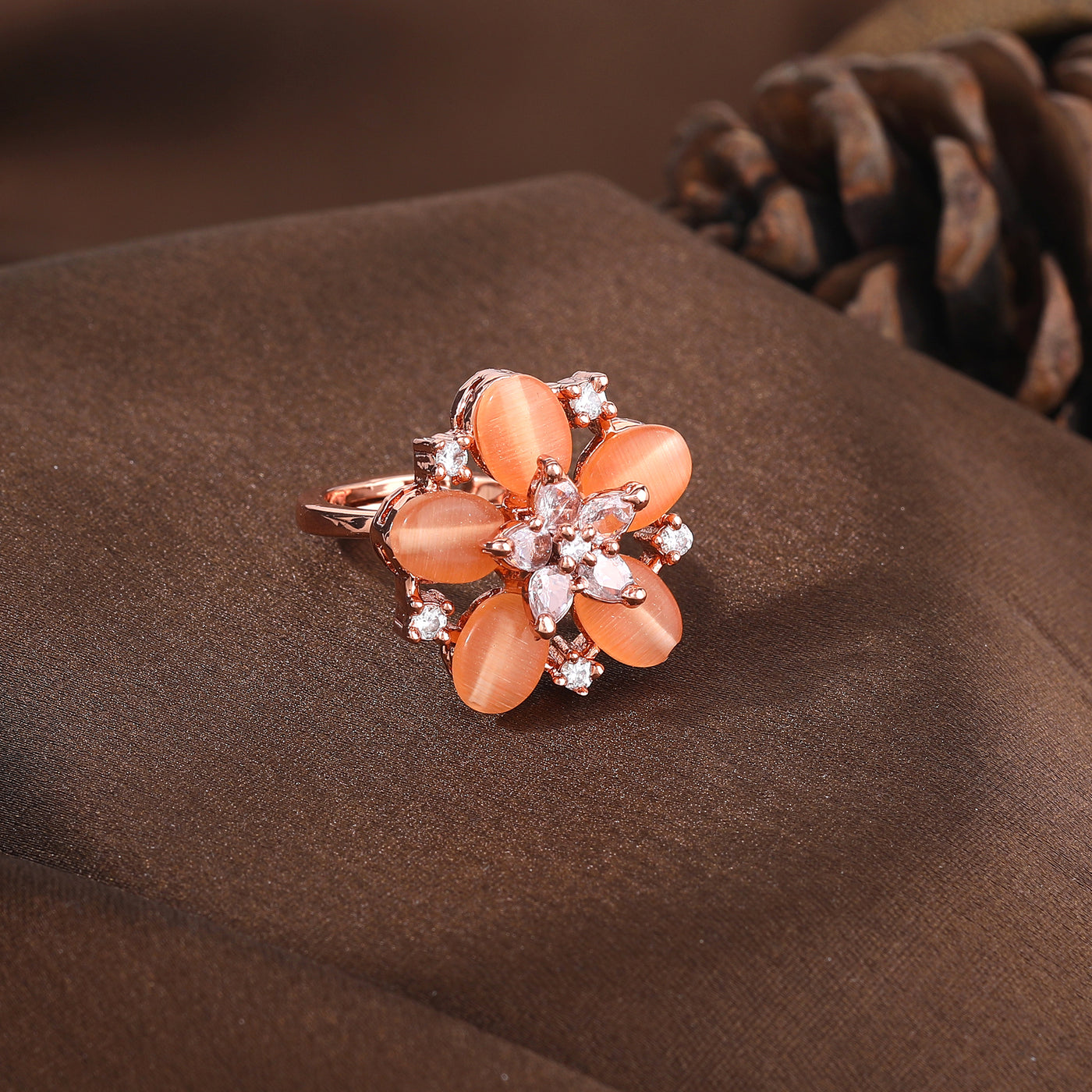 Estele Rosegold Plated Bloom-Inspired Mint Orange Beaded Adjustable Varya Finger Ring|A Stylish Accessory for Women