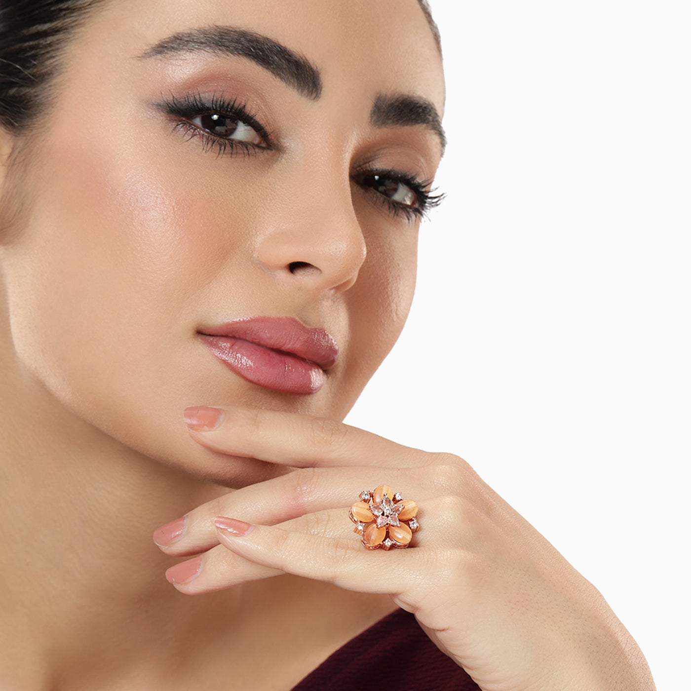 Estele Rosegold Plated Bloom-Inspired Mint Orange Beaded Adjustable Varya Finger Ring|A Stylish Accessory for Women