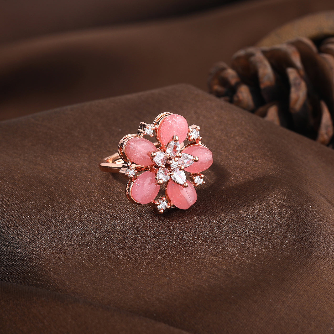 Estele Rosegold Plated Graceful Floral Inspired Mint Pink Beaded Adjustable Varya Finger Ring|A Stunning Charm for Women