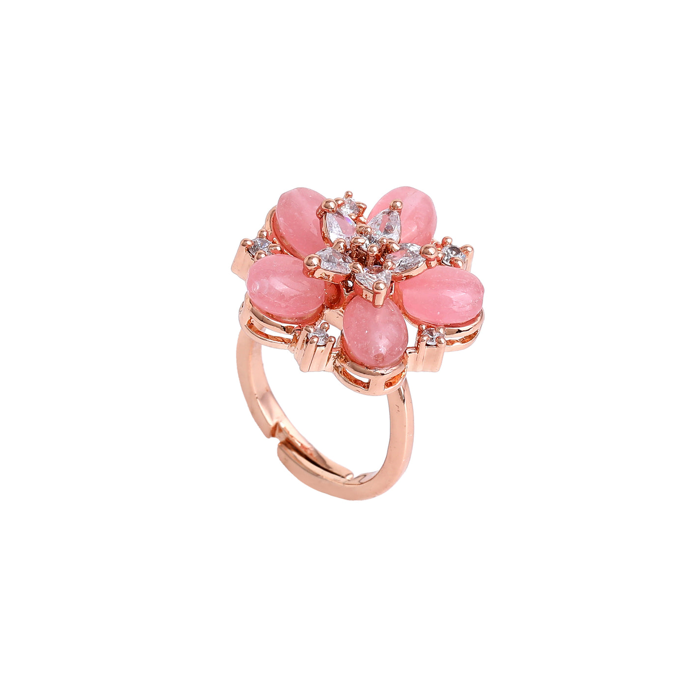 Estele Exclusive Floral Elegance Luxurious Rosegold Plated Lightweight Floral Bracelet & Ring Combo with Mint Pink Beads for Women (Adjustable Sizes)