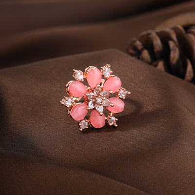 Estele Rosegold Plated Exquisite Flower Motif with Mint Pink Beaded Adjustable Varya Finger Ring|Stylish & Elegant for Women