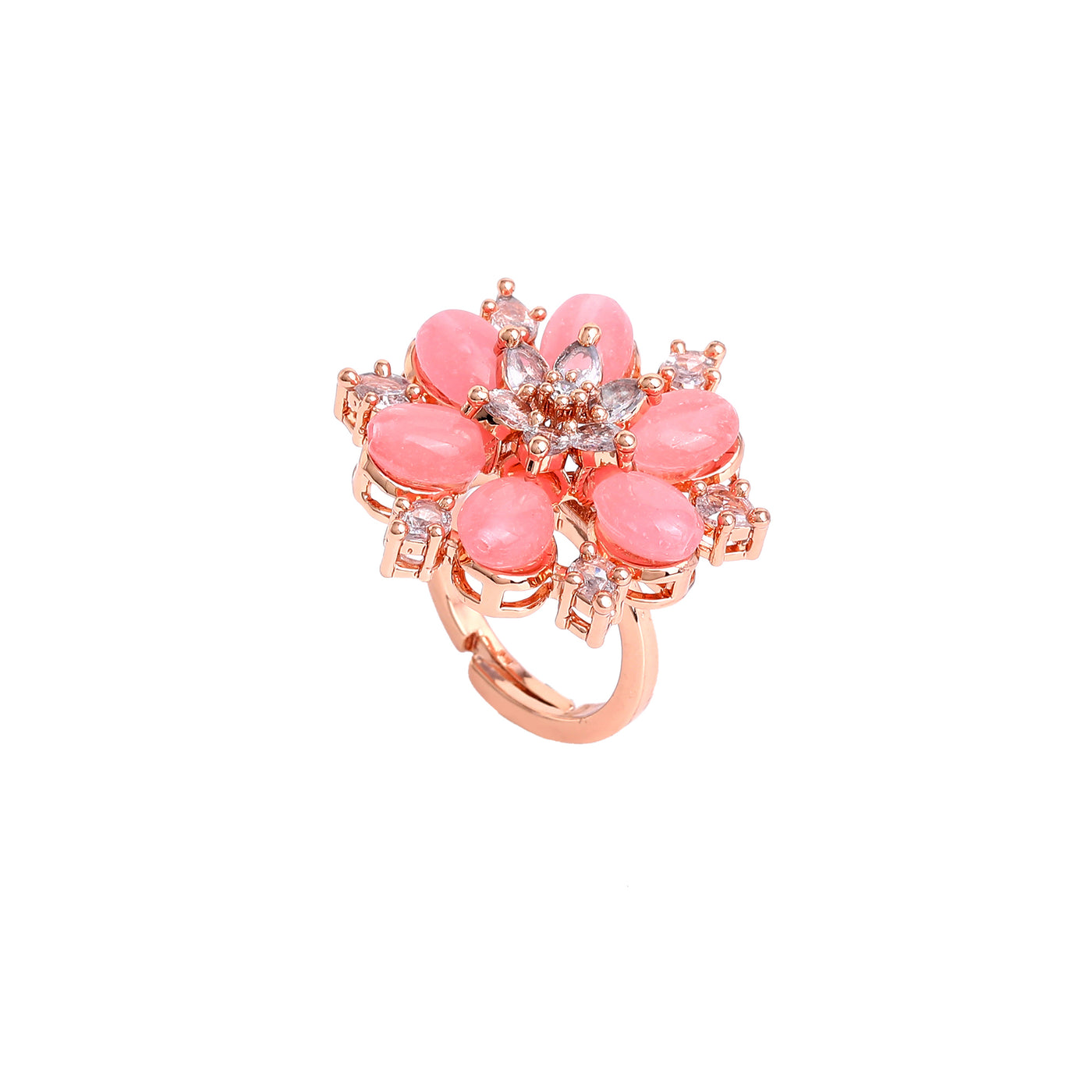 Estele Rosegold Plated Exquisite Flower Motif with Mint Pink Beaded Adjustable Varya Finger Ring|Stylish & Elegant for Women