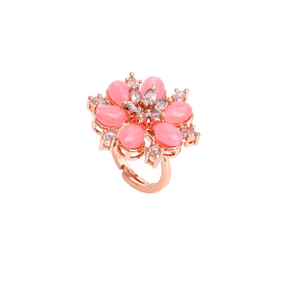 Estele Rosegold Plated Exquisite Flower Motif with Mint Pink Beaded Adjustable Varya Finger Ring|Stylish & Elegant for Women