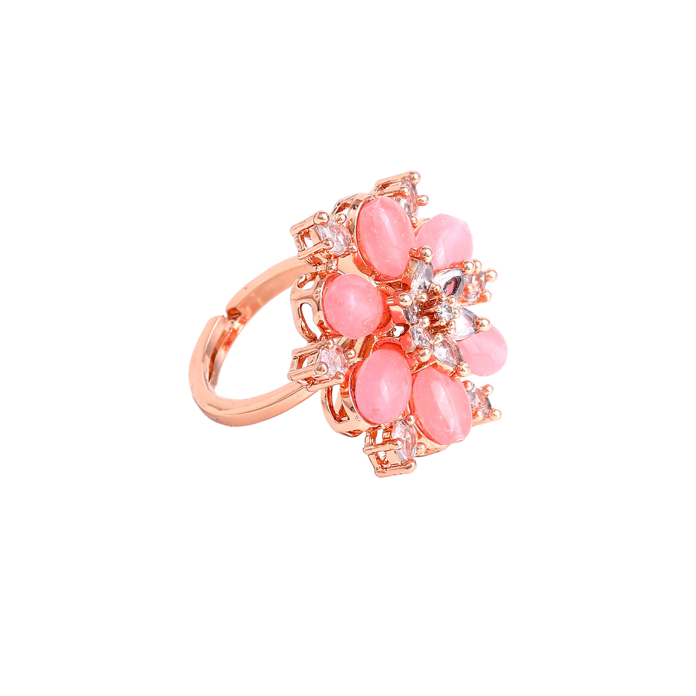 Estele Rosegold Plated Exquisite Flower Motif with Mint Pink Beaded Adjustable Varya Finger Ring|Stylish & Elegant for Women