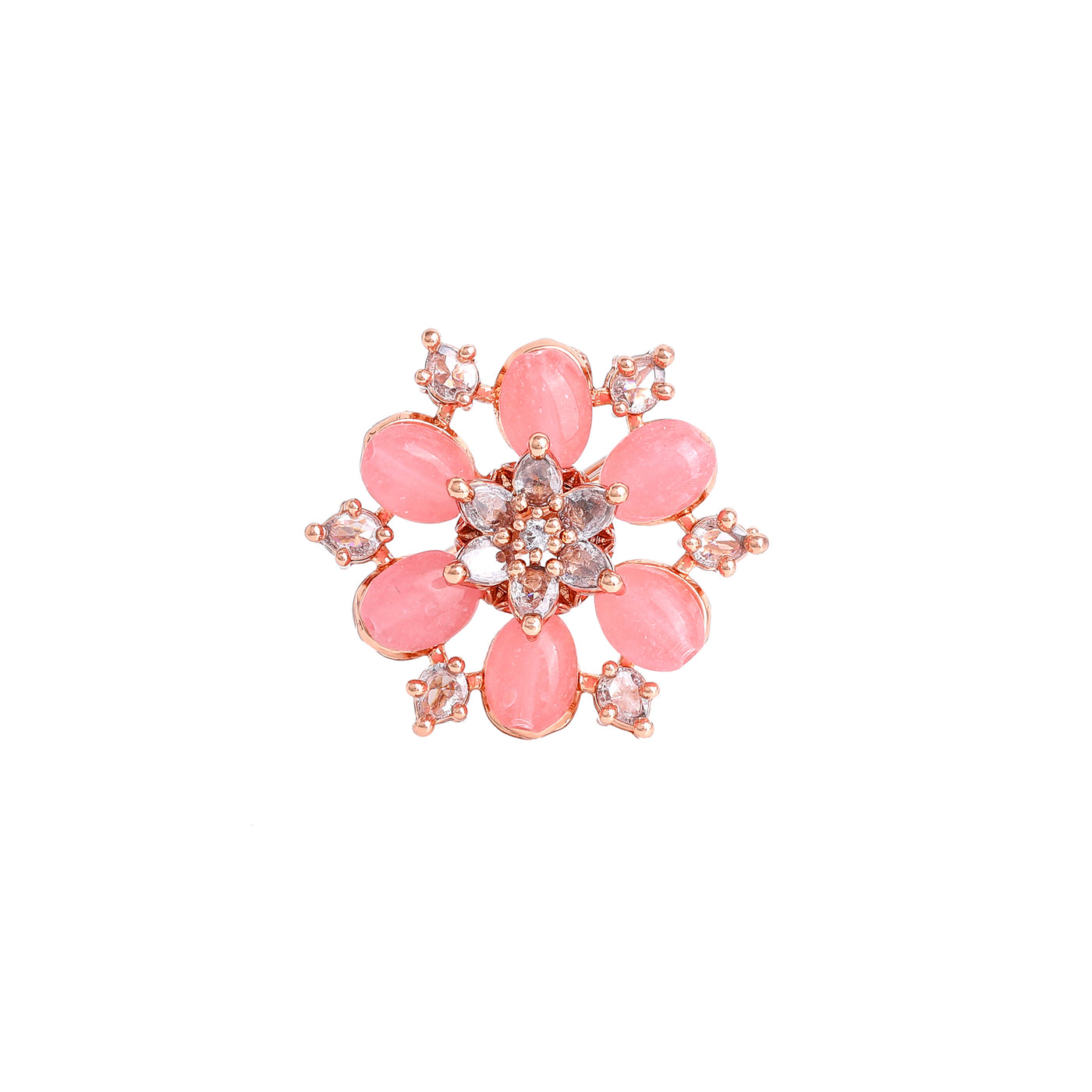 Estele Rosegold Plated Exquisite Flower Motif with Mint Pink Beaded Adjustable Varya Finger Ring|Stylish & Elegant for Women