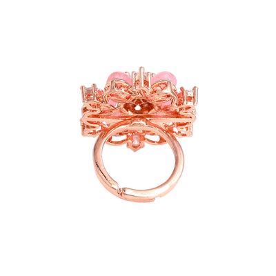 Estele Rosegold Plated Exquisite Flower Motif with Mint Pink Beaded Adjustable Varya Finger Ring|Stylish & Elegant for Women