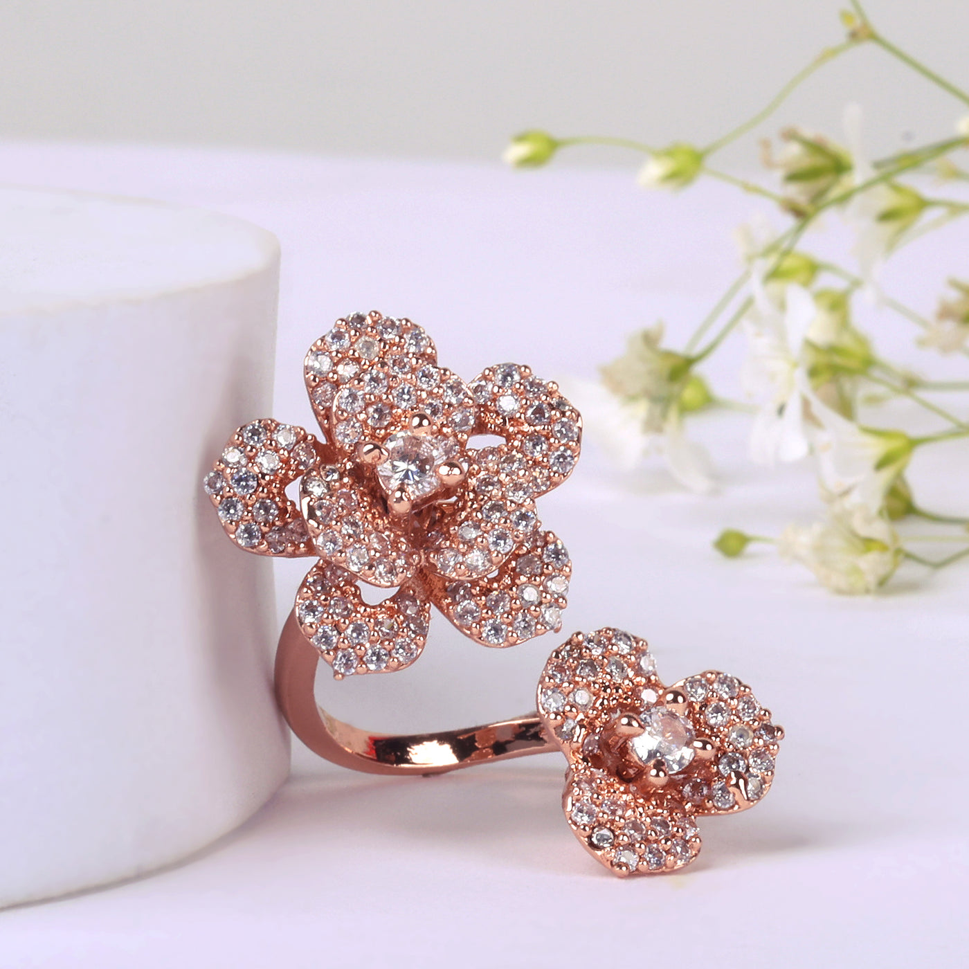 Estele Valentine ROSE Special American Diamond Modern Rose Motif Flexible Finger Ring for Women: Lightweight Adjustable Design with Floral Charm