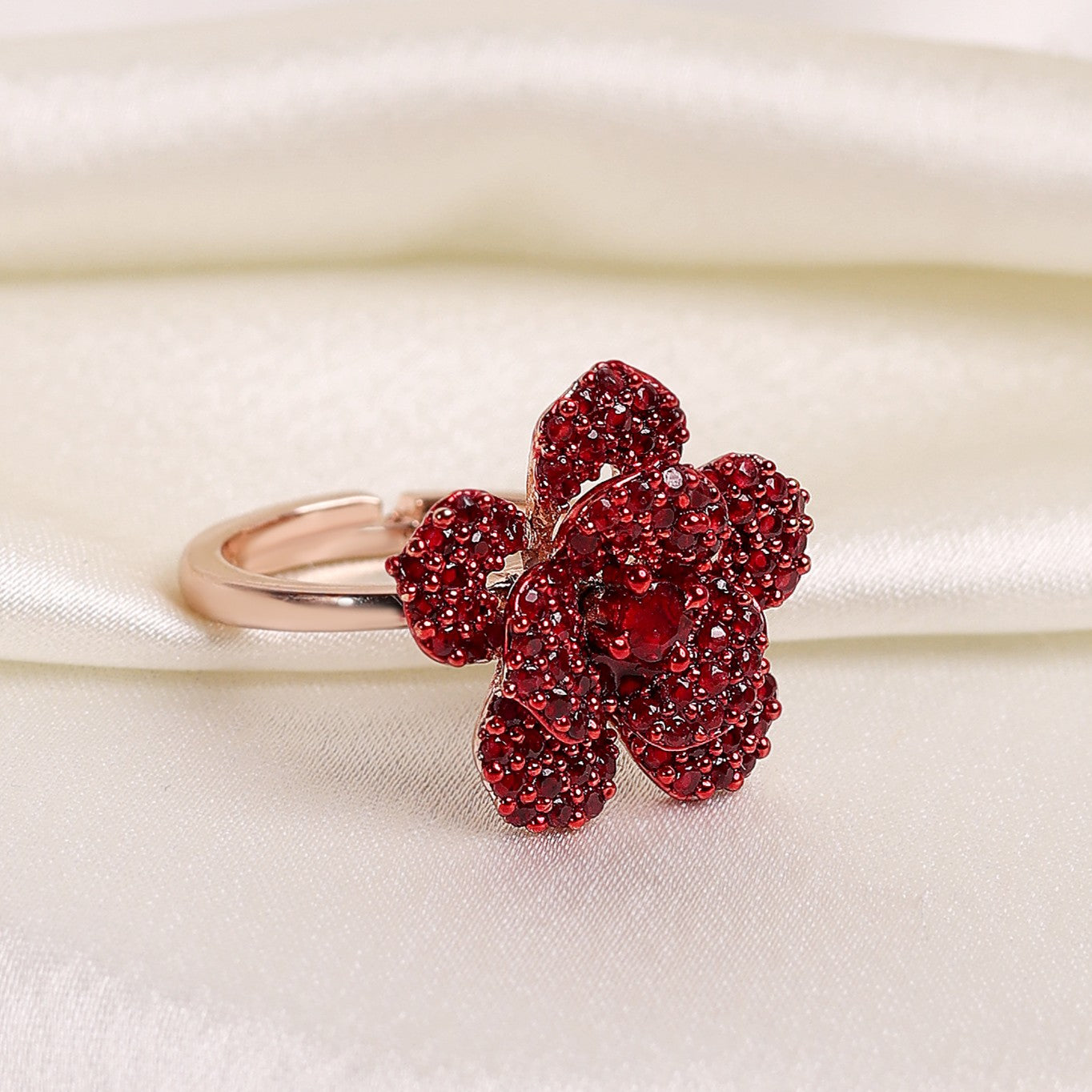 Estele Valentine Special Dazzling Ruby Red American Diamond Lightweight Rose Motif Adjustable Finger Ring with Luxurious Rosegold Finish for Women