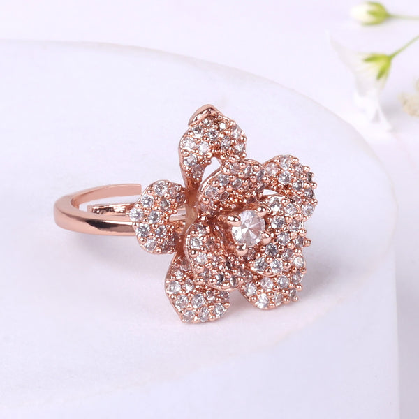 Estele Rose Collection Modern Adjustable Rose Finger Ring for Women: Lightweight Rosegold Plated Flexible Floral Design Graceful & Versatile