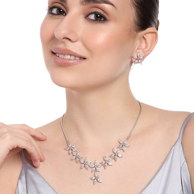 Estele Rhodium Plated CZ Marquise Star Necklace Set for Women