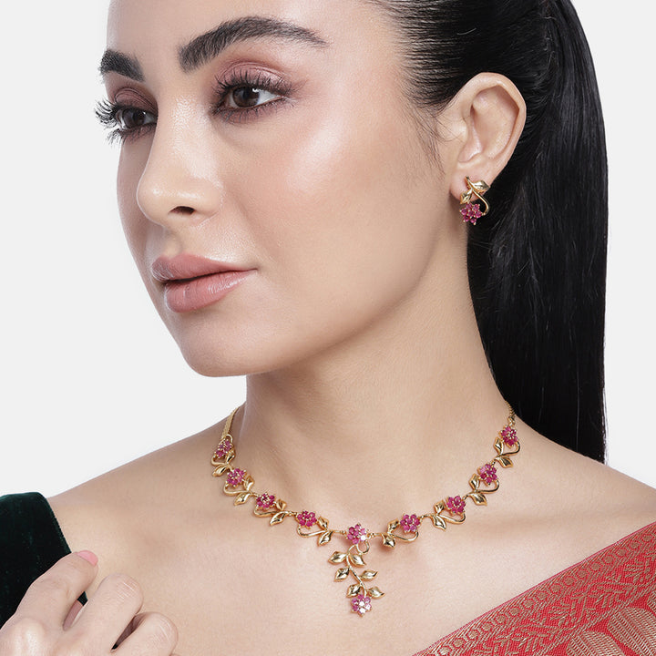 Estele Gold Plated Traditional Flower Designer Jewellery Set with Ruby Stones for Women
