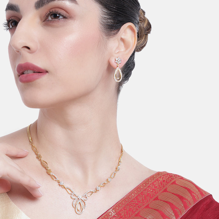 Estele 24 Kt Gold Plated Oval Halo American Diamond Necklace Set For Women