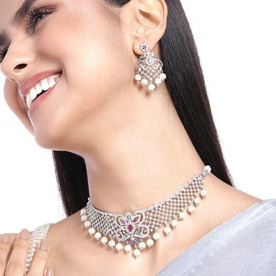 Estele Rhodium Plated CZ Elegant Bridal Choker Necklace Set with Colored Stones & Pearls for Women