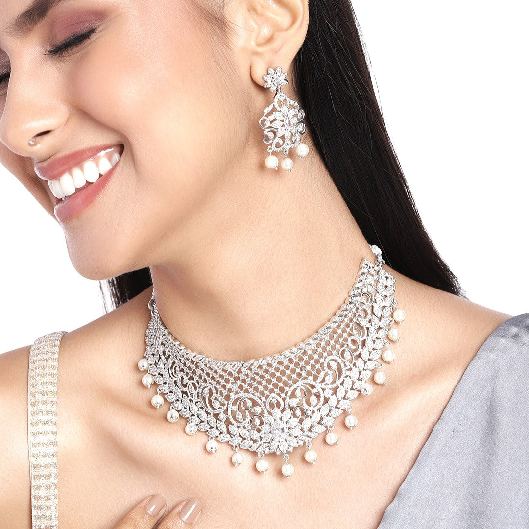 Estele Rhodium Plated CZ Bridal Choker Necklace Set with Crystals & Pearls for Women