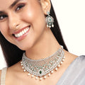 Estele Rhodium Plated Designer Traditional Bridal Choker Set with Pearls & Green Stones for Women