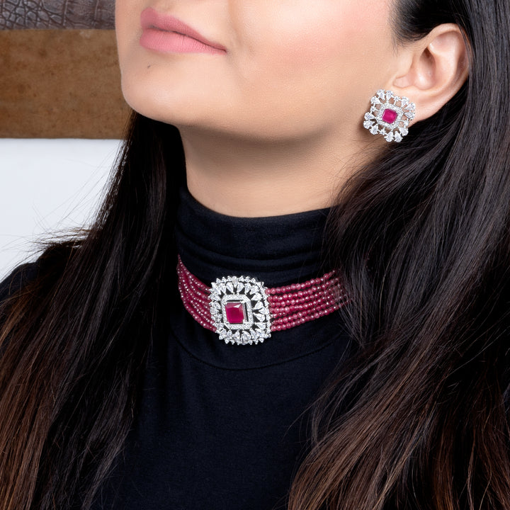 Estele Rhodium Plated CZ Square Choker Necklace Set with Ruby/ Red Beads for Women