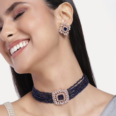 Estele Rose Gold Plated CZ Square Choker Necklace Set with Navy Blue Beads for Women
