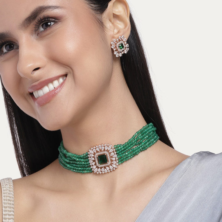 Estele Rose Gold Plated CZ Square Shaped Choker Necklace Set with Green Beads for Women