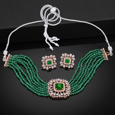 Estele Rose Gold Plated CZ Square Shaped Choker Necklace Set with Green Beads for Women