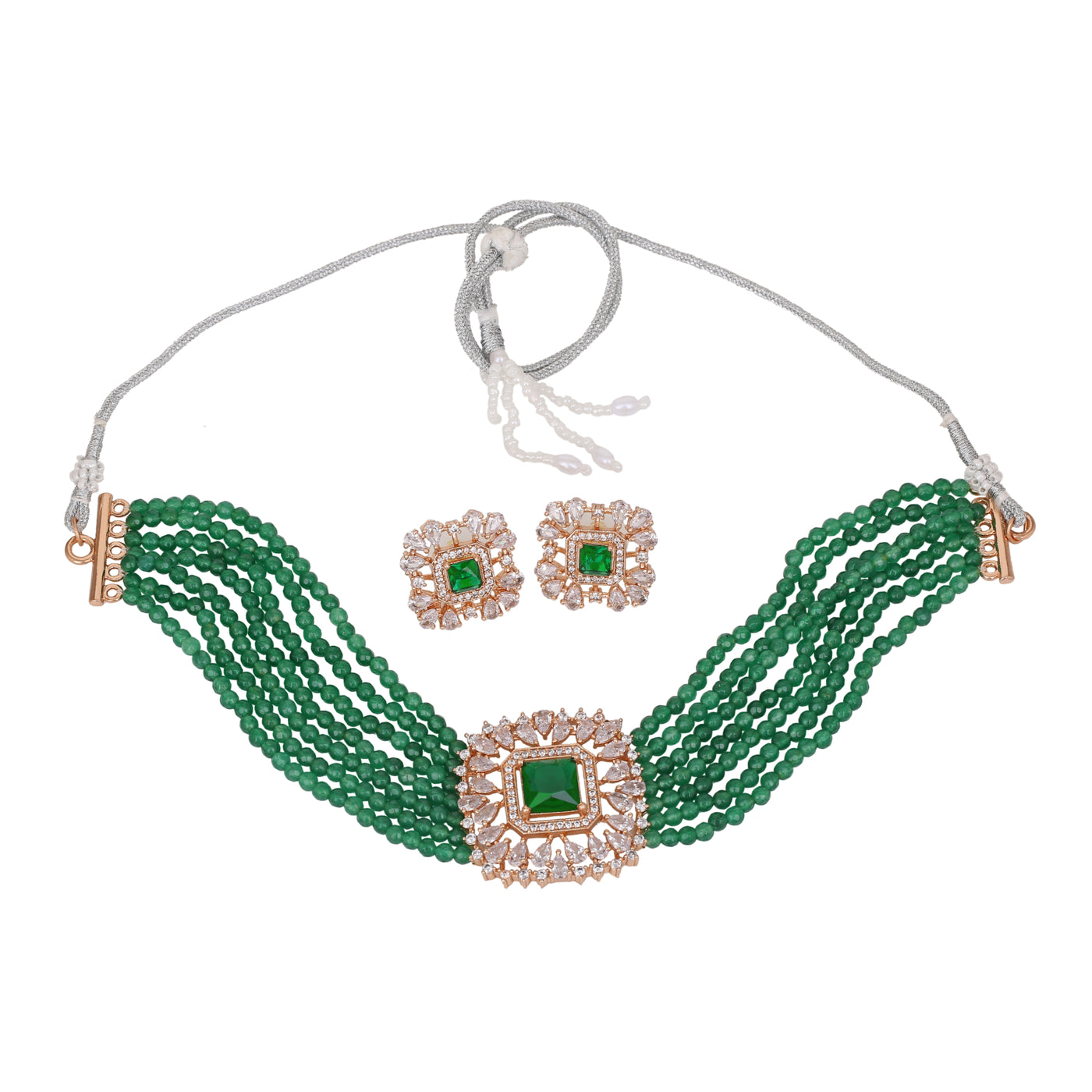 Estele Rose Gold Plated CZ Square Shaped Choker Necklace Set with Green Beads for Women