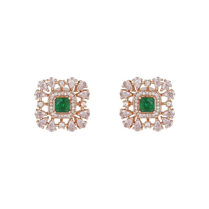 Estele Rose Gold Plated CZ Square Shaped Choker Necklace Set with Green Beads for Women