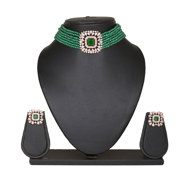Estele Rose Gold Plated CZ Square Shaped Choker Necklace Set with Green Beads for Women