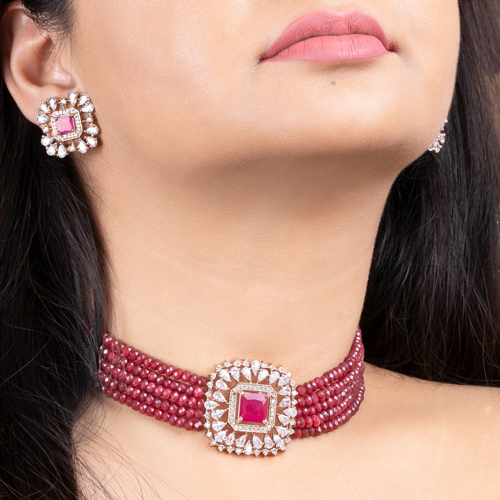 Estele Rose Gold Plated CZ Square Shaped Choker Necklace Set for Women