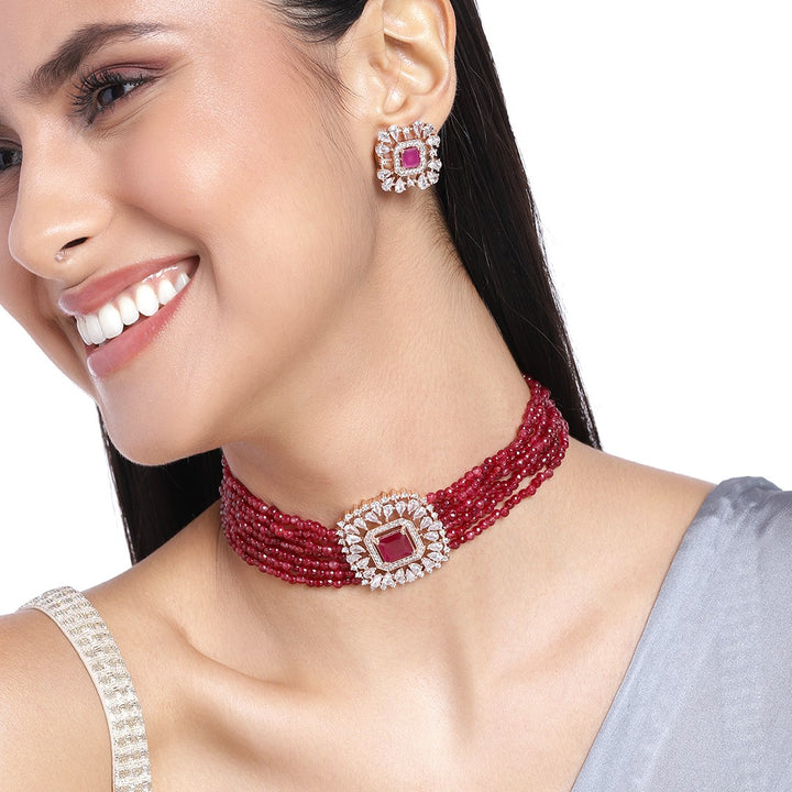 Estele Rose Gold Plated CZ Square Shaped Choker Necklace Set for Women