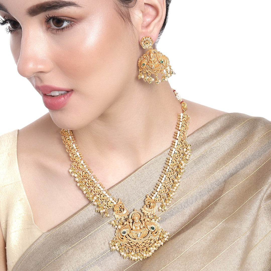 Estele Gold Plated CZ Divine Lakshmi Devi Designer Bridal Necklace Set with Pearls for Women