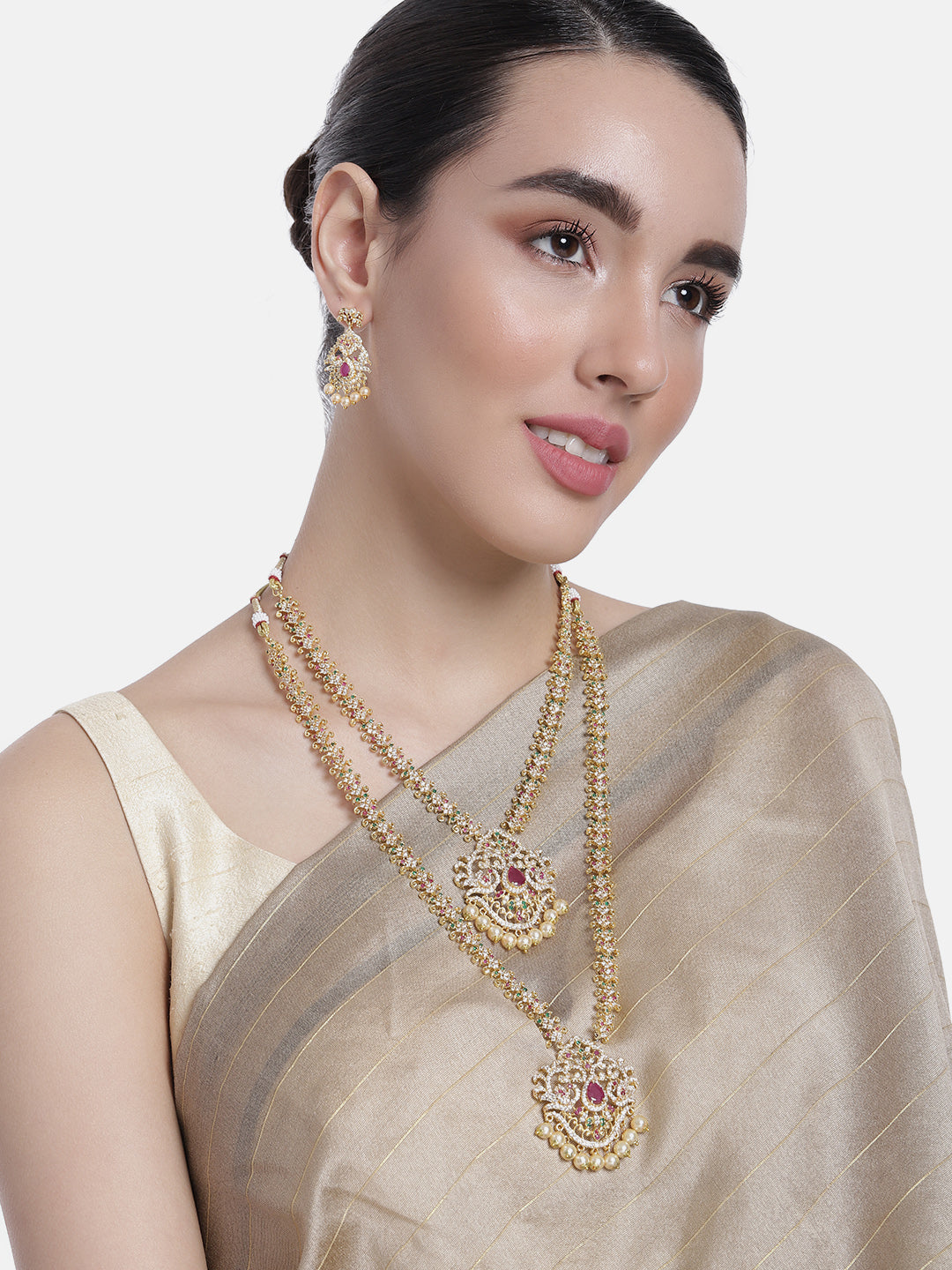 Estele Gold Plated CZ Mayuri Designer Bridal Necklace Set Combo with Color Stones & Pearls for Women