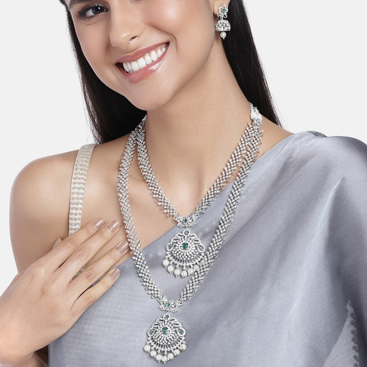 Estele Rhodium Plated CZ Fascinating Designer Bridal Necklace Set Combo for Women