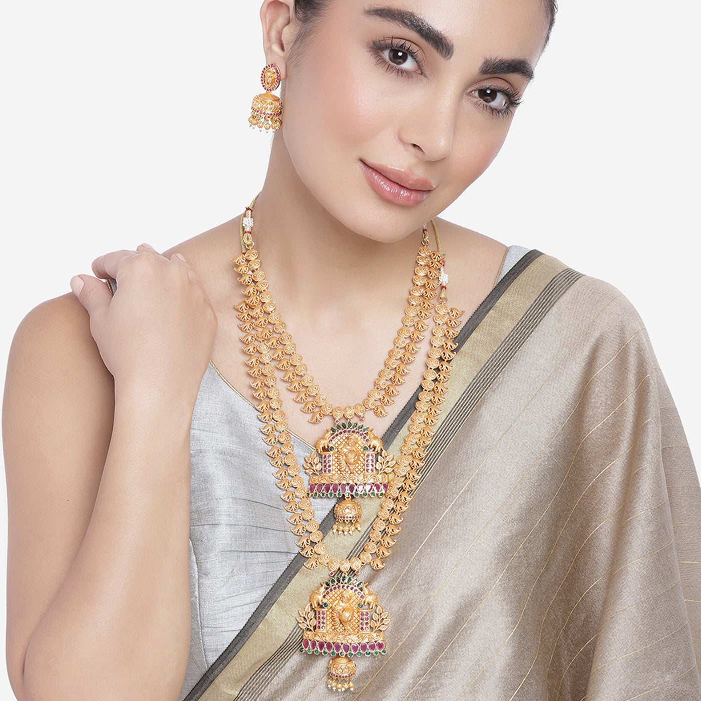 Estele Gold Plated CZ Kanhaiya Designer Bridal Necklace Set Combo with Color Stones & Pearls