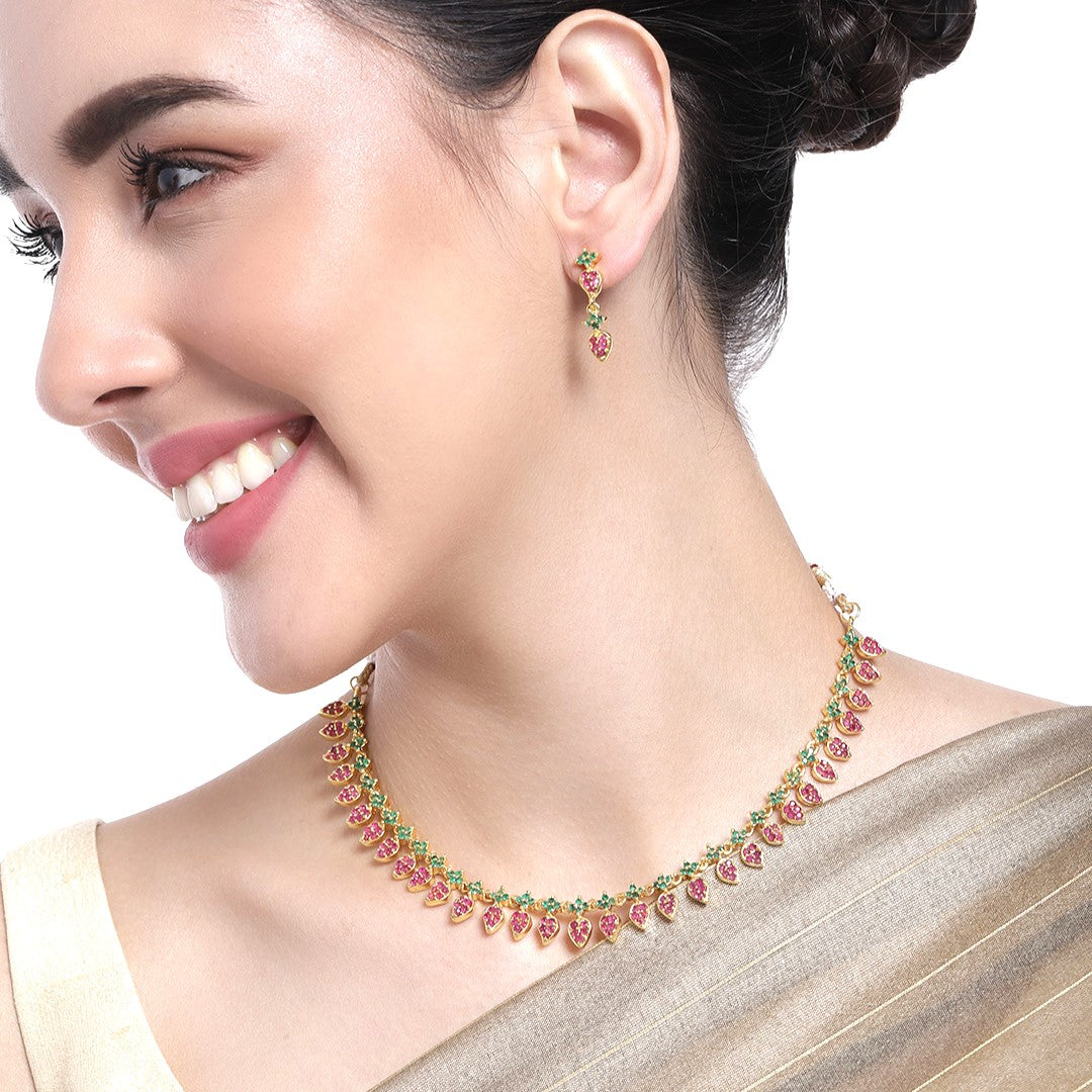 Estele Gold Plated CZ Exquisite Leaf Designer Necklace Set for Women