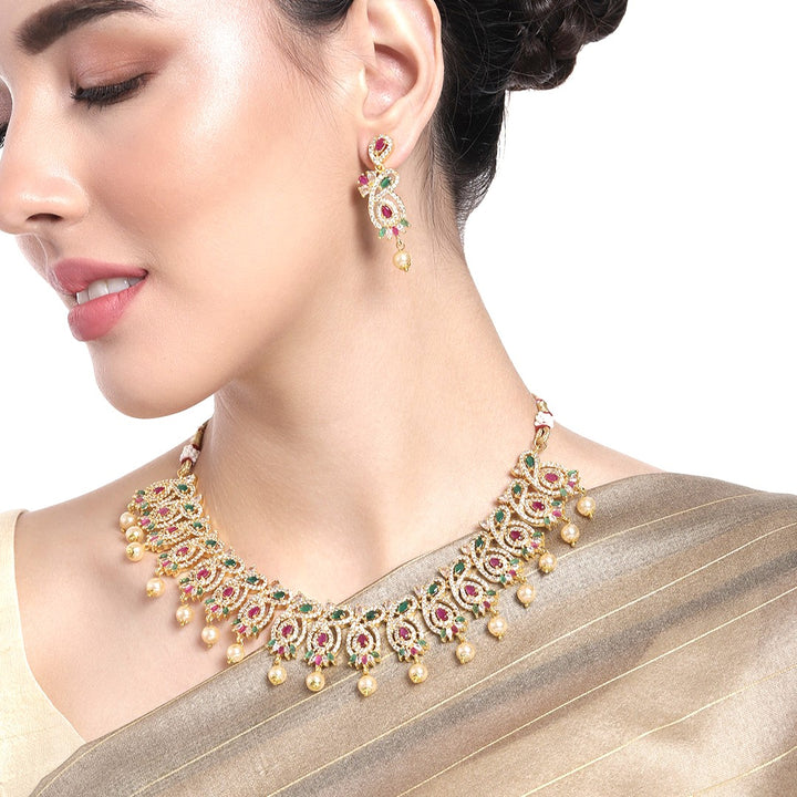 Estele Gold Plated CZ Magnificent Designer Necklace Set with Colored Stones & Pearls for Women