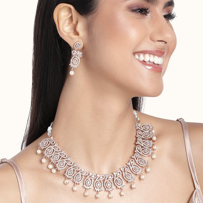 Estele Rose Gold Plated CZ Sparkling Designer Necklace Set with Pearls for Women