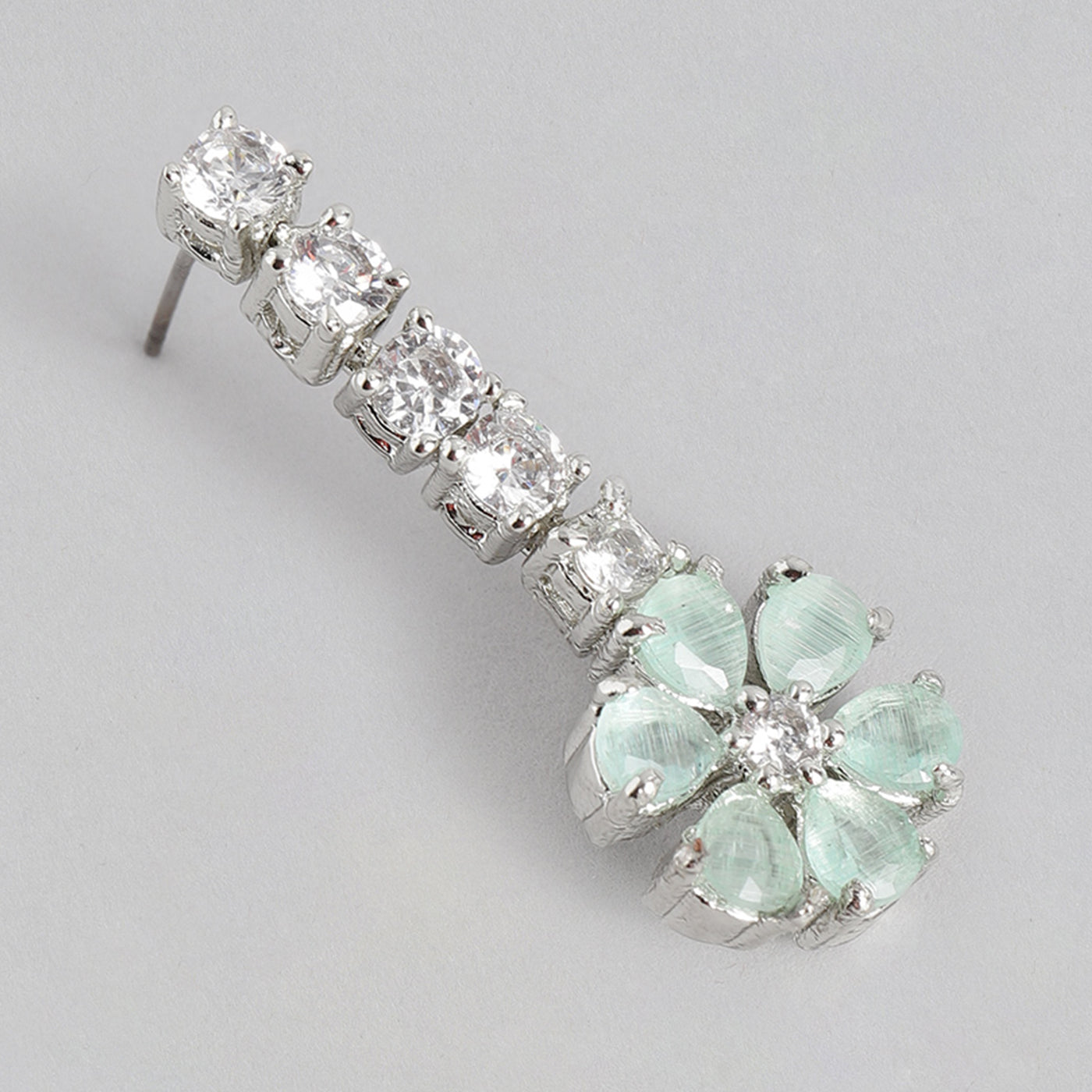 Estele Rhodium Plated CZ Flower Designer Drop Earrings with Mint Green Stones for Women