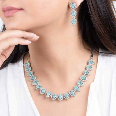 Estele Rhodium Plated CZ Precious Pears Necklace Set with Mint Blue & White Stones for Girls & Women