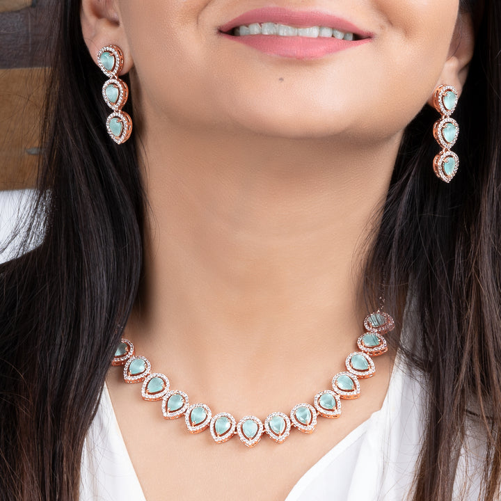 Estele Rose Gold Plated CZ Stunning Tear Drop Necklace Set with Mint Green & White for Girls & Women's
