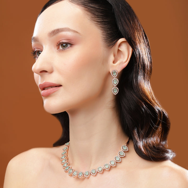 Estele Rose Gold Plated CZ Stunning Tear Drop Necklace Set with Mint Green & White for Girls & Women's