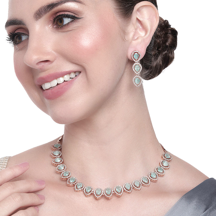 Estele Rose Gold Plated CZ Stunning Tear Drop Necklace Set with Mint Green & White for Girls & Women's
