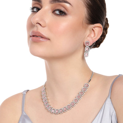 Estele Rhodium Plated CZ Ossum Octagon Necklace Set with Mint Pink Crystals for Women