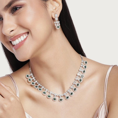 Estele Rhodium Plated CZ Glamour In Green Necklace Set for Women
